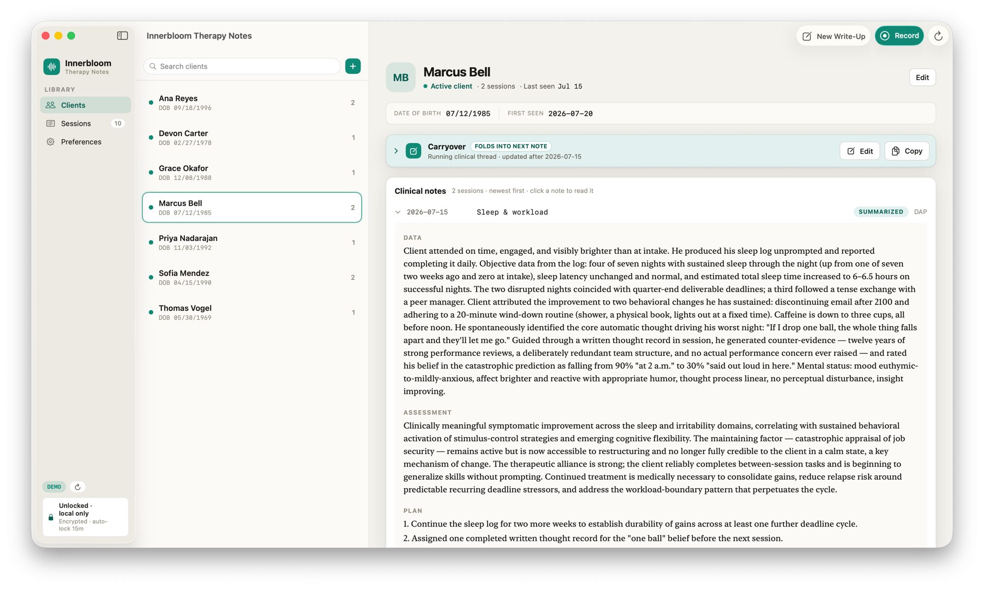 A finished SOAP clinical note in a client's history in Innerbloom Therapy Notes, ready to review, edit, and copy into an EHR