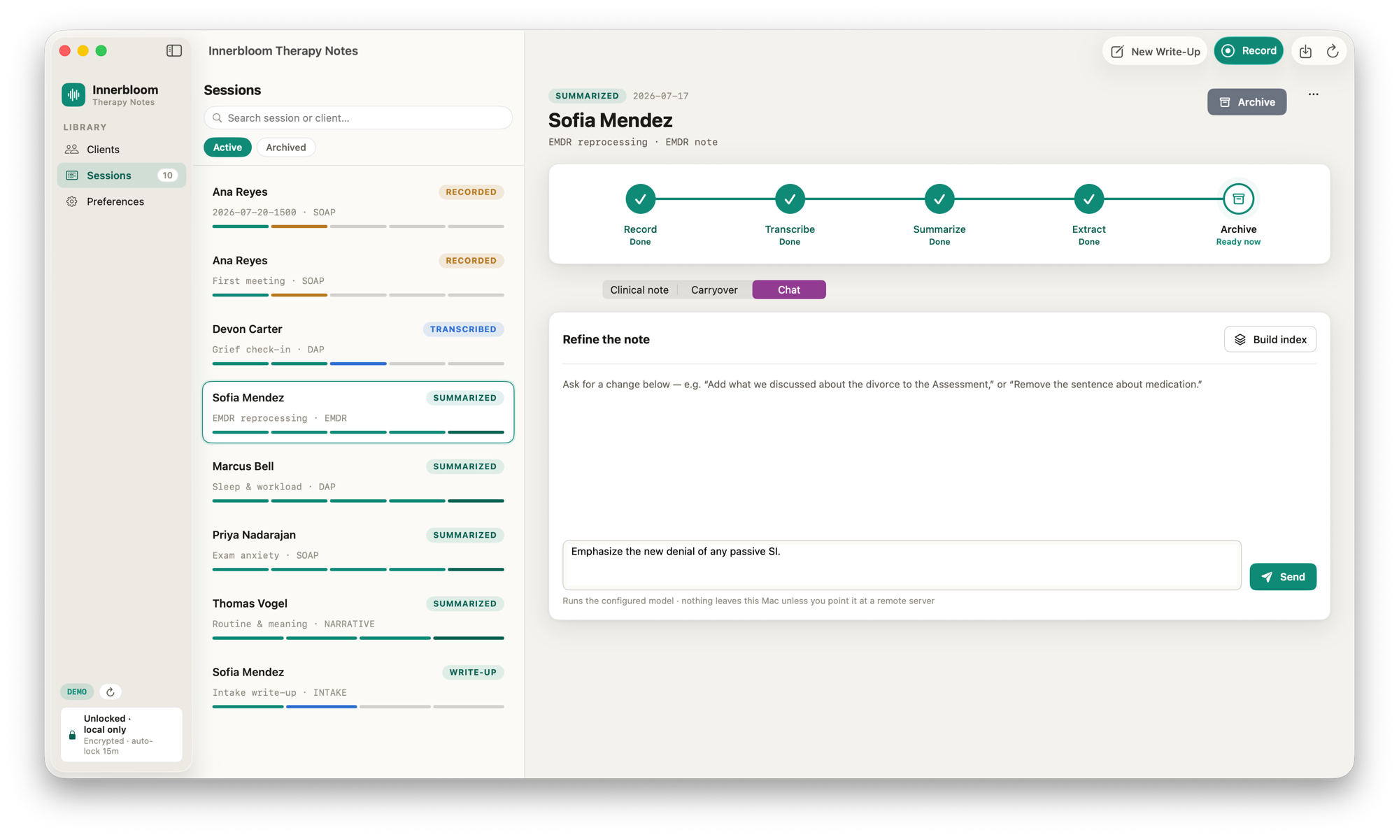 Refining a clinical note with a plain-language request in Innerbloom Therapy Notes, run by the on-device model against the transcript
