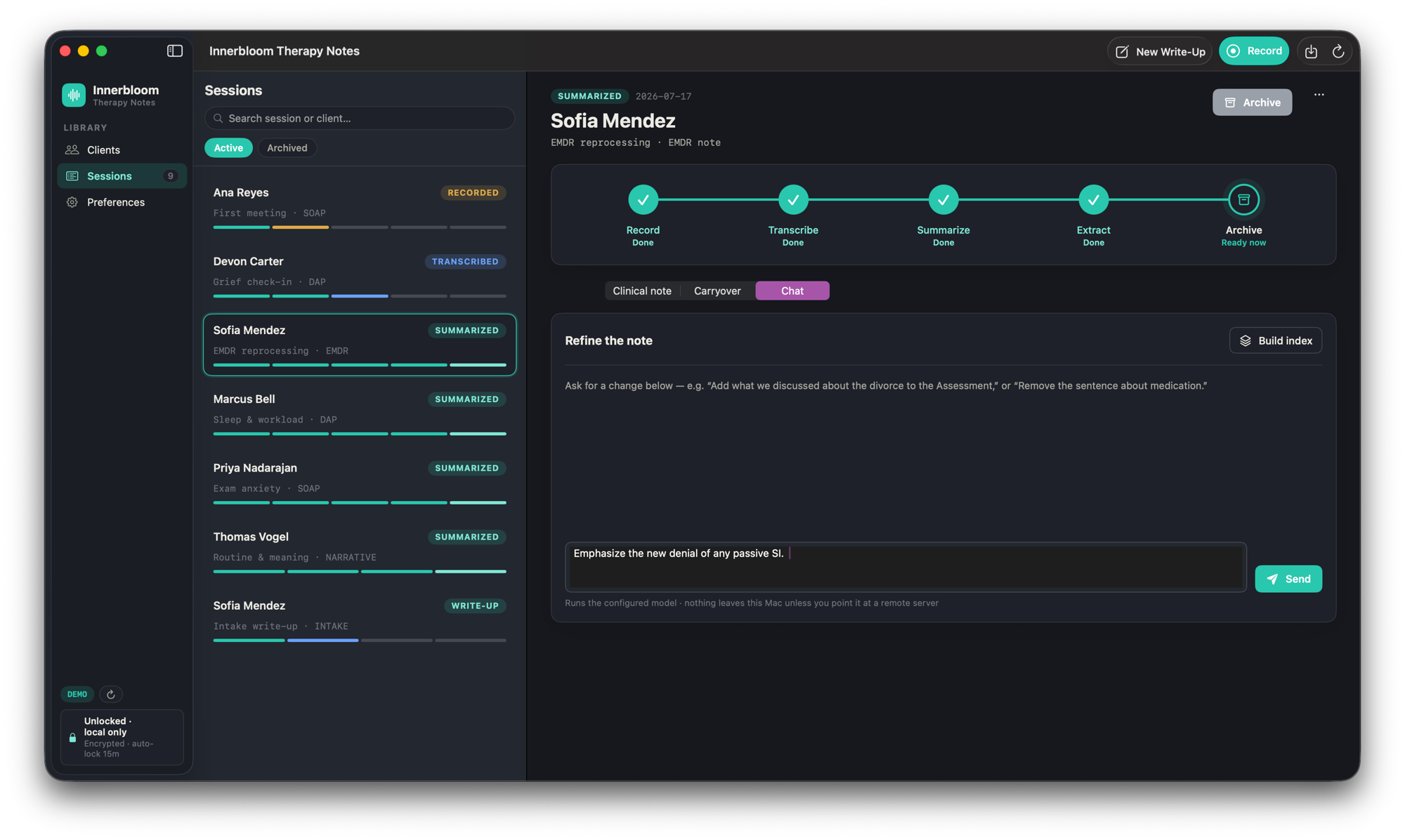 Refining a clinical note with a plain-language request in Innerbloom Therapy Notes, run by the on-device model against the transcript
