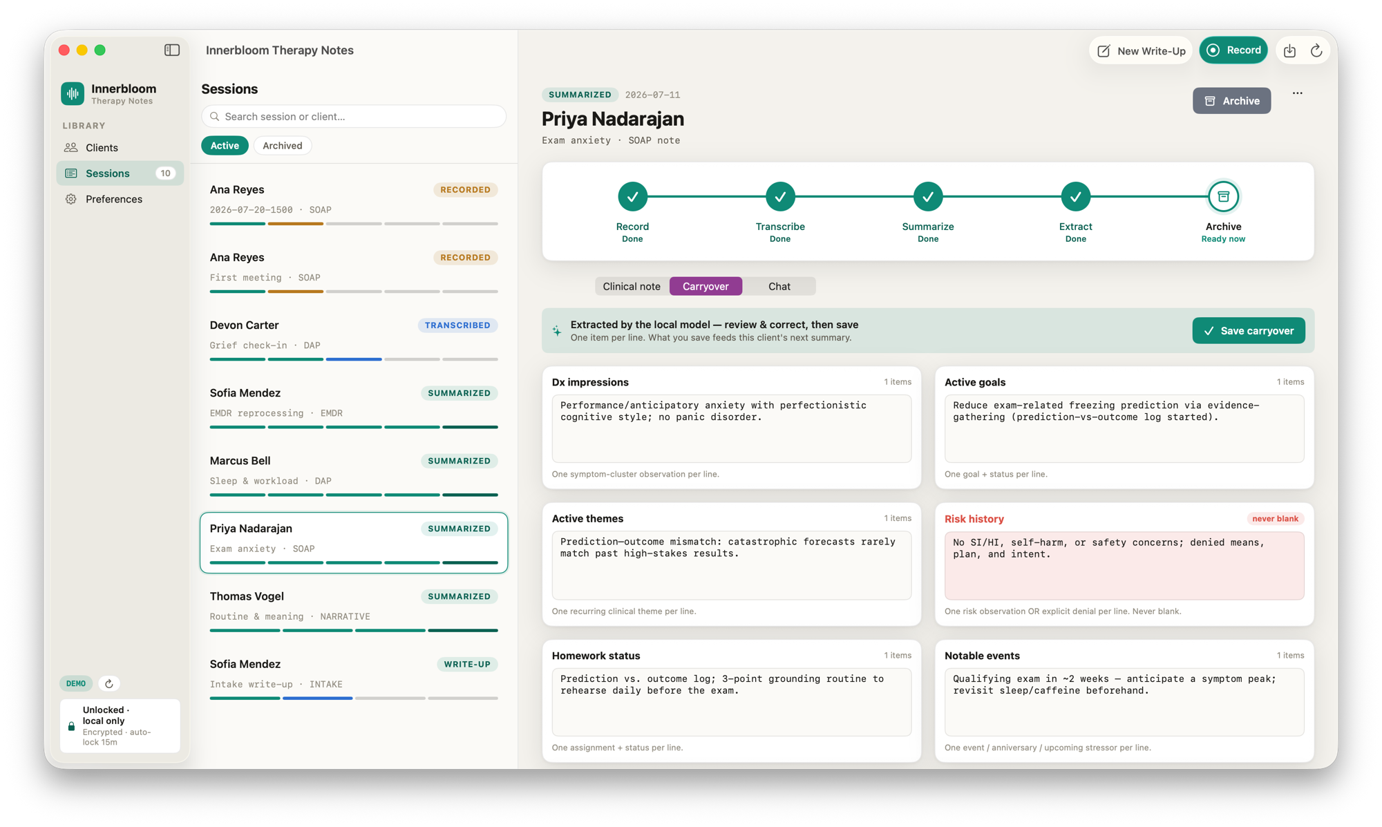 Structured clinical carryover fields — diagnosis, goals, themes, risk, homework, and events — extracted by the local model in Innerbloom Therapy Notes