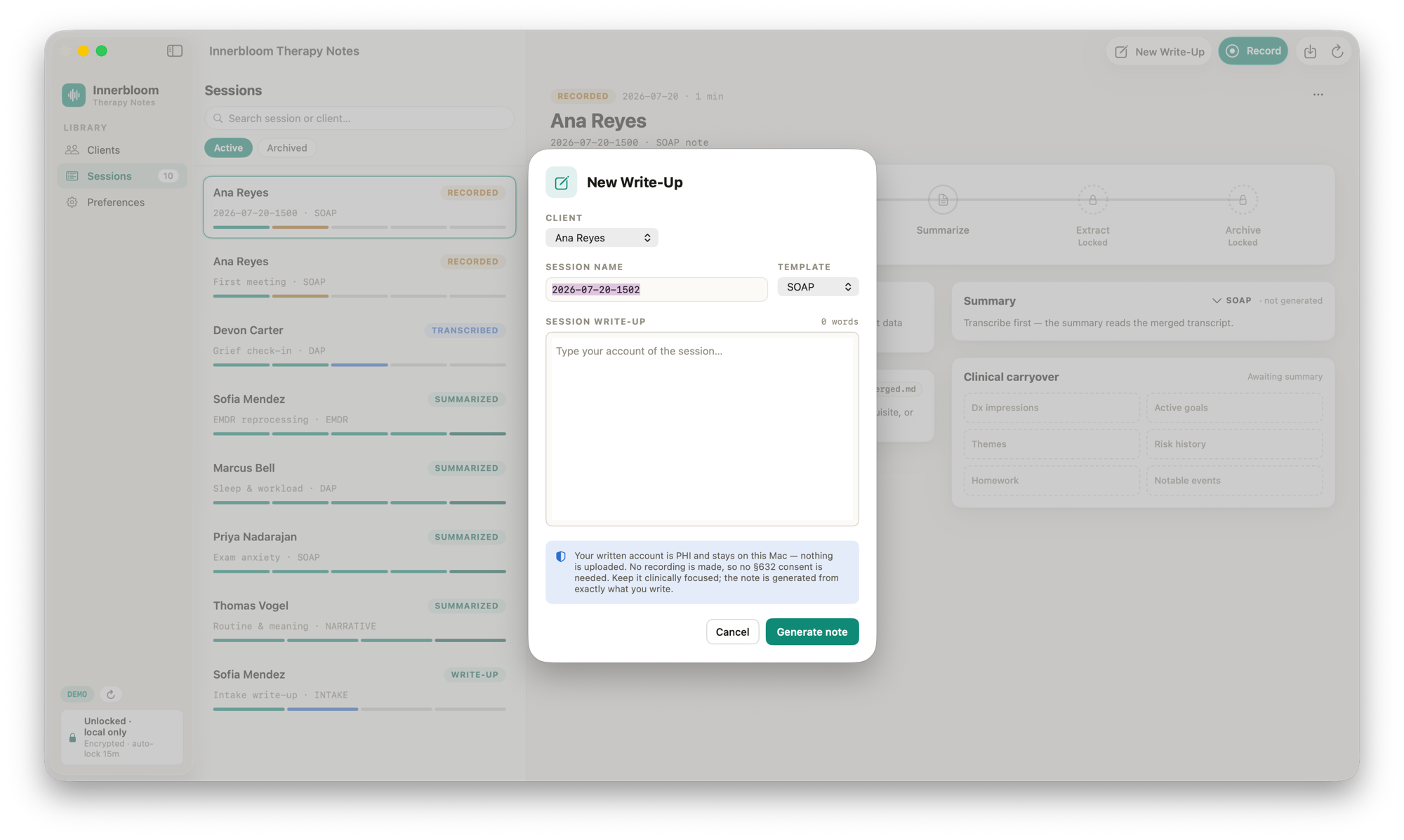 Generating a clinical note from a typed session write-up in Innerbloom Therapy Notes, with no audio recorded