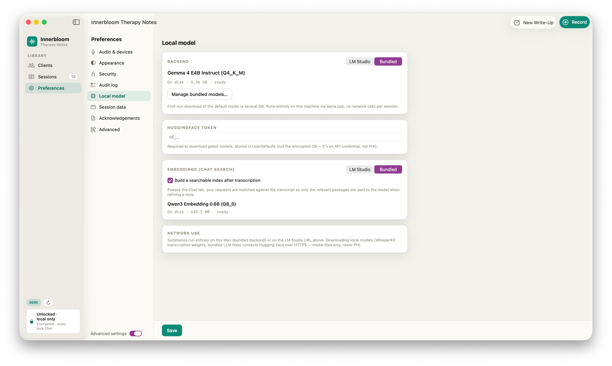 Local model and embeddings preferences in Innerbloom Therapy Notes, showing the on-device language model