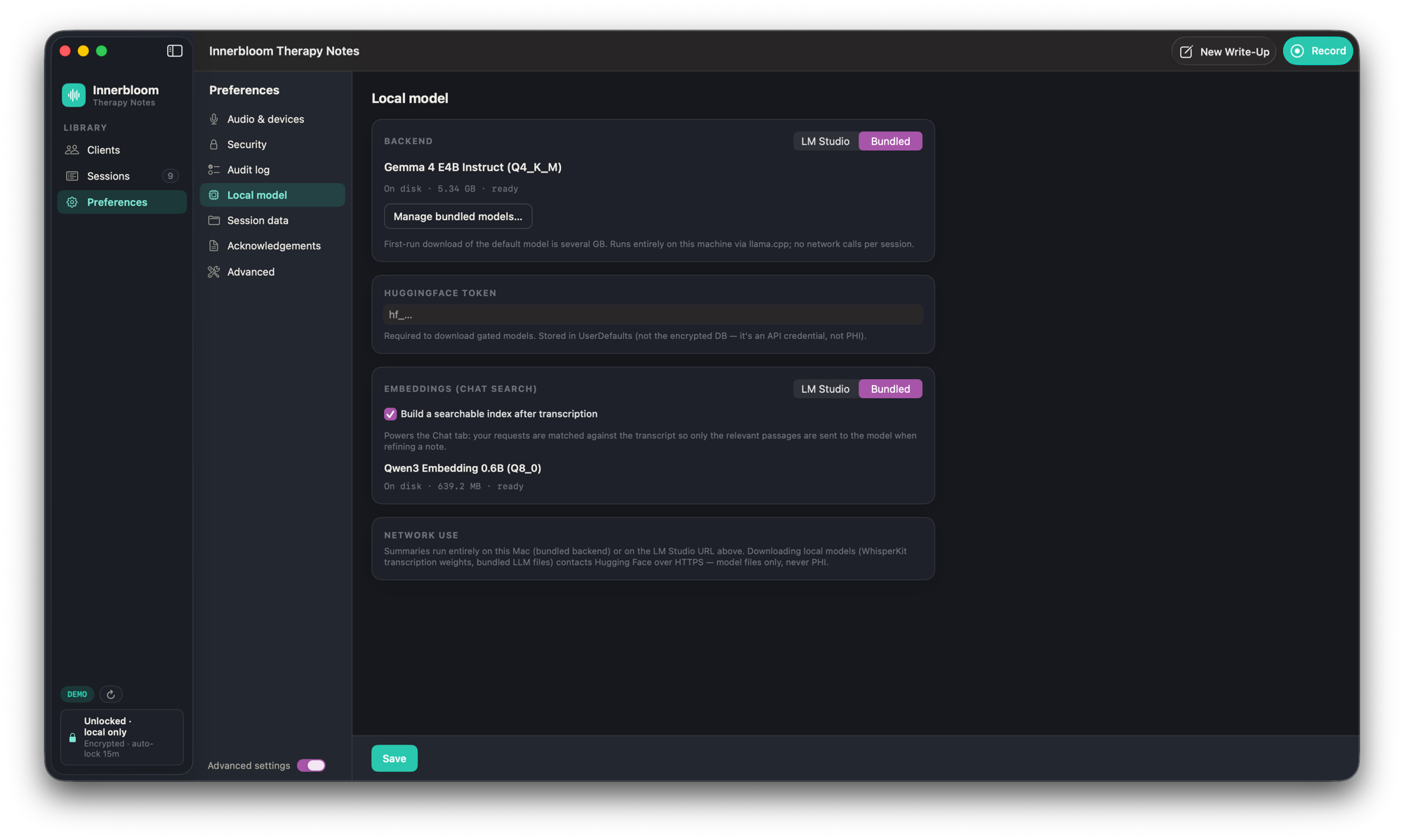 Local model and embeddings preferences in Innerbloom Therapy Notes, showing the on-device language model